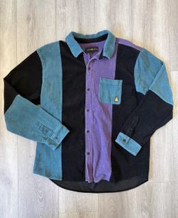 Rare Teddy Fresh Corduroy TriColor Colorblock Long Sleeve Button-Up Shirt Men L