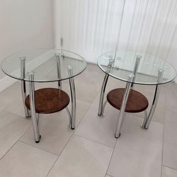 Set of 2 Ashley Furniture Ryland Modern Round Glass Wood End Tables/Night Stands+ Metal Chrome Legs 