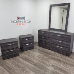 DRESSER WITH MIRROR AND TWO NIGHTSTANDS 
