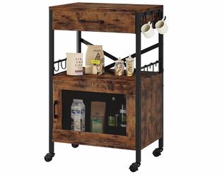 Homeiju Kitchen Island Cart, Kitchen Storage Cart with Drawer, Microwaves Stand, Coffee Cart, Rolling Kitchen Cabinet Cart with Hooks for Kitchen, Din