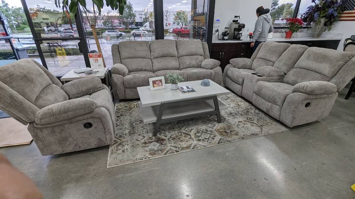 New Reclining Couch / Love Seat. Grey Fabric. Free Delivery!