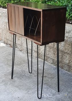 vintage Mid Century Modern solid wood fits 250 LP's RECORDs ALBUM CABINET with sliding doors and hair pin legs