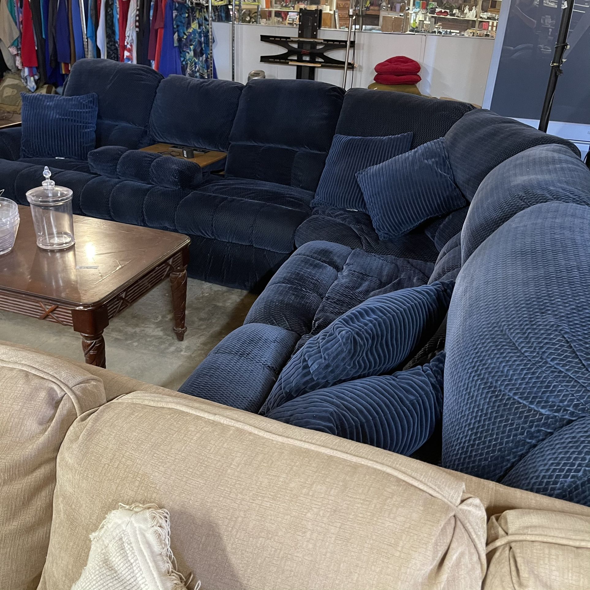 Blue Sectional Hideabed Couch With Dual Massaging Recliners for Sale