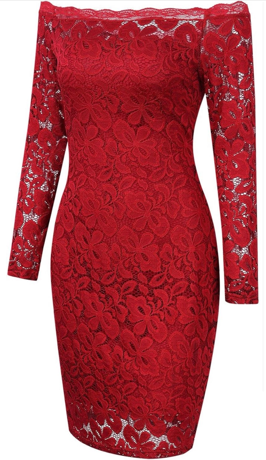 Off Shoulder, Floral Lace, Women's Crochet Pencil Dress (Red, XXL)