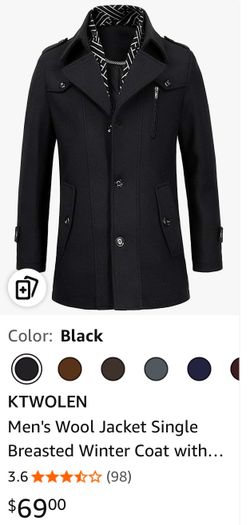 Men's Wool Jacket Single Breasted Winter Coat with Detachable Scarfs Quilted Lined Business Coat