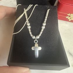 925 Sterling Silver Sm. Cross Necklace W/ Sterling Beads Necklace, Not Marked But Tested And Guaranteed Sterling Silver , 16in. This Is Nice 