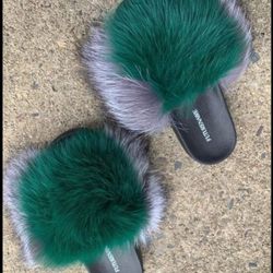 Green Dot Real Fur Slides Sizes 7.5,8,8.5 Only Message True Size & Order 