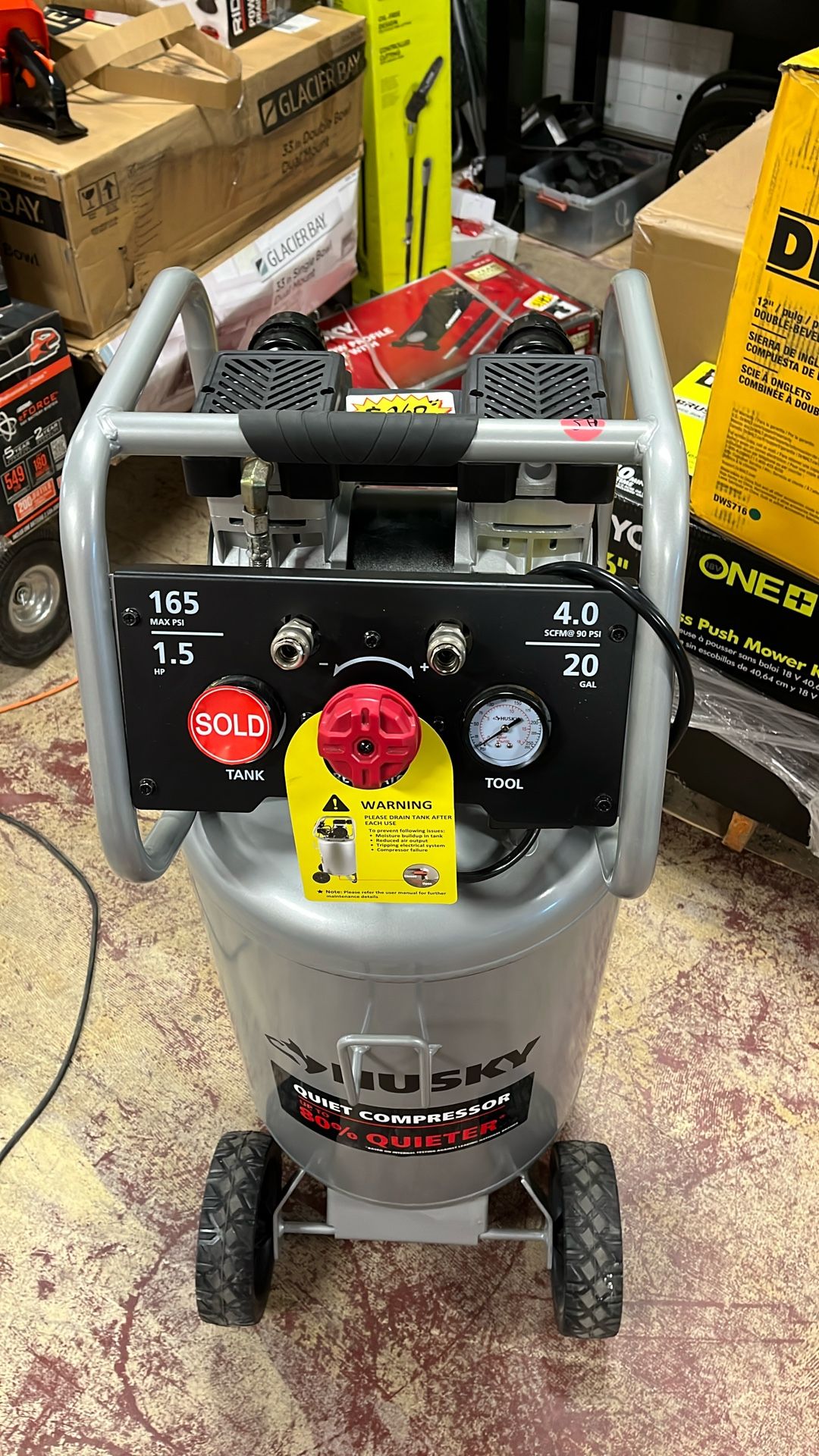 Husky 20 Gal.165 PSI Vertical Electric Oil-Free Quiet Auto/Workshop Air Compressor with Dual Gauges and 2-Quick Couplers