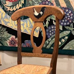 Single wood rush seat dining chair, including 2 hand painted rooster wine glasses