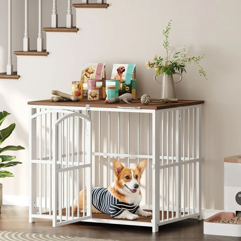 Foliding Dog Crate Furniture, Dog Kennel Indoor with Flip-up Top, Side End Table, Wooden Dog Cage, for Small/Medium Dogs, White and Walnut Brand new