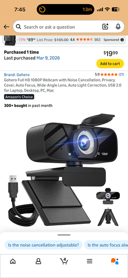 Gohero Full HD 1080P Webcam with Noise Cancellation, Privacy Cover, Auto Focus, Wide-Angle Lens, Auto Light Correction, USB 2.0 for Laptop, Desktop, P