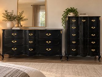 Beautiful 1960s Vintage French Provincial Matching Large Dressers Black with Gold Handles and Detail