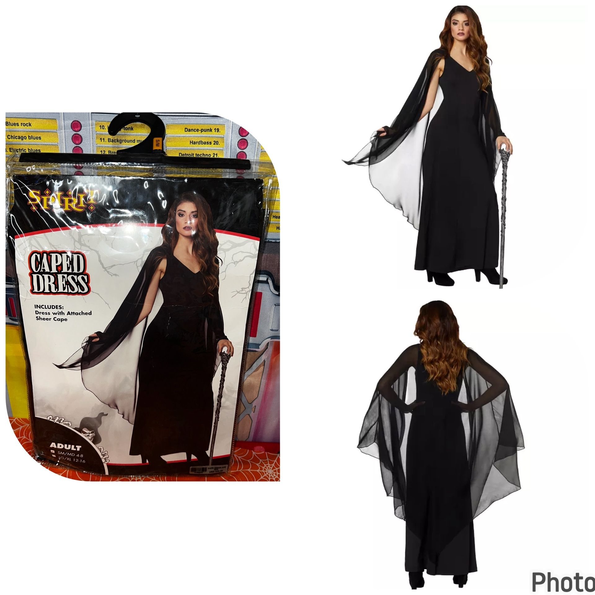 Spirit Halloween Reaper Cape Dress, which includes a dress with an attached sheer cape/ Caped Dress/