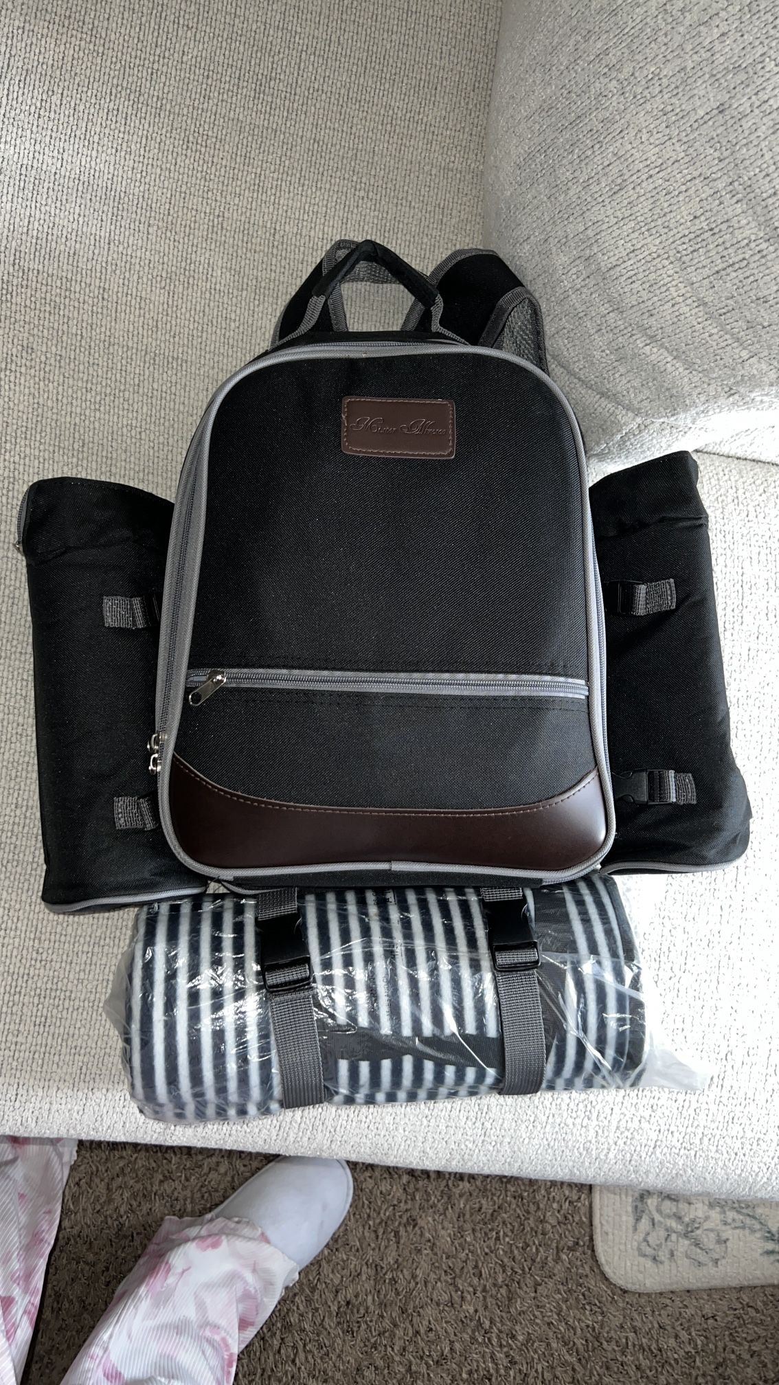 USED ONCE! Picnic backpack set. used 1 blanket, 3 plates and 2 cups once, the rest practically new!
