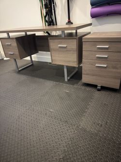 Monarch Specialties 60" Modern Computer Desk with Drawers & File Cabinet - Reclaimed Wood Look / Silver Metal with matching filing cabinet/printer sta