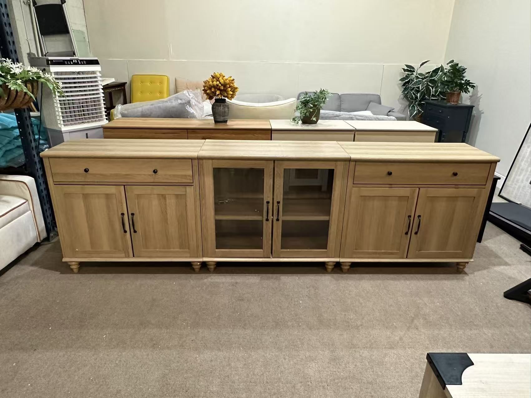 3-in-1, Large Wooden Buffet Cabinet, Modern Coffee Bar Table Wood Kitchen Storage Cabinets, Farmhouse Sideboard Credenza for Dining Room, Oak, 102 inc
