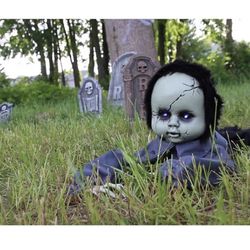 Haunted Hill Farm Scary Haunted Crawling Baby Doll, Halloween Animatronic with Touch Activated Lights and Sound, Battery Operated Indoor or Covered Ou