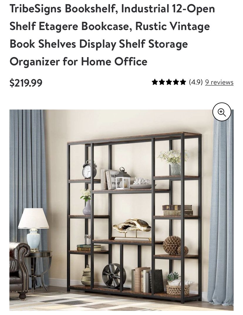 (NEW) Bookshelf, Industrial 12-Open Shelf Etagere Bookcase, Rustic Vintage Book Shelves Display Shelf Storage Organizer for Home Office