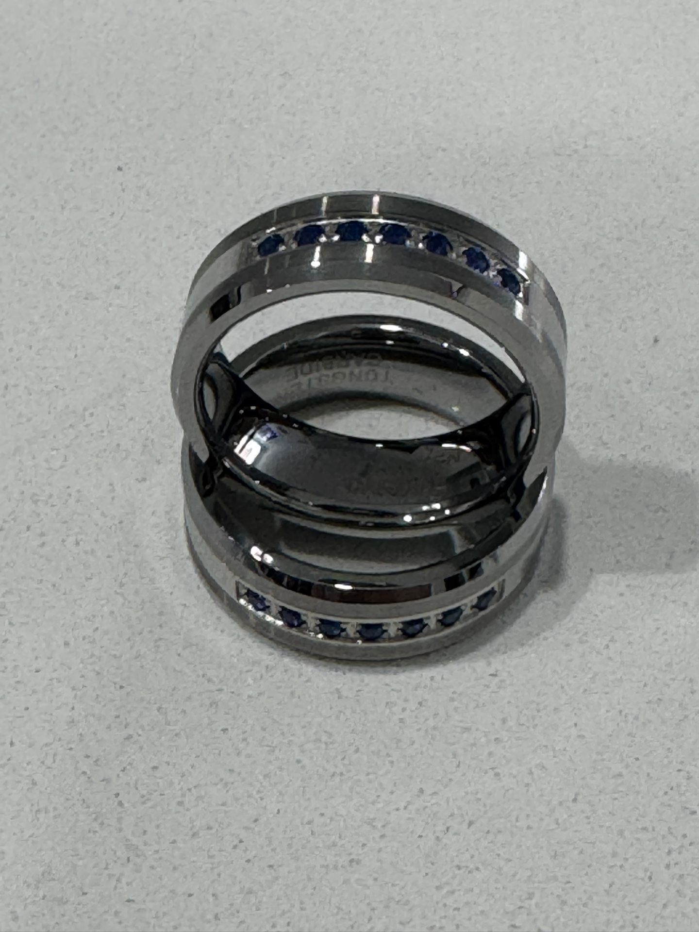 100% TUNGSTEN CARBIDE ring with BLUE ZIRCON STONES