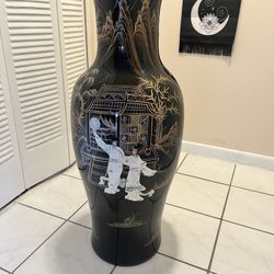 3ft Black Lacquer Mother Of Pearl Oriental Porcelain Vase