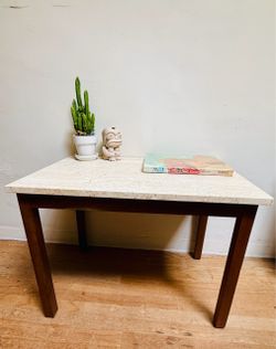 Vintage Mid Century Travertine Marble Side / Coffee Table Italy Wood Legs