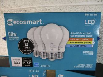 EcoSmart 60-Watt Equivalent A19 Dimmable LED Light Bulb, Selectable CCT (4-Pack) $10 each. Each box has 4 bulbs