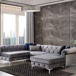 Lexi Gray Velvet LAF Sectional with Ottoman / couch / Living room set