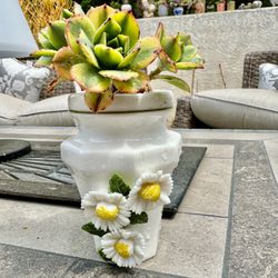 🔥 Vintage 🌼 3D Daisy Flowers 🌼 🌼 White Vase Planter w Succulents!! 🪴 