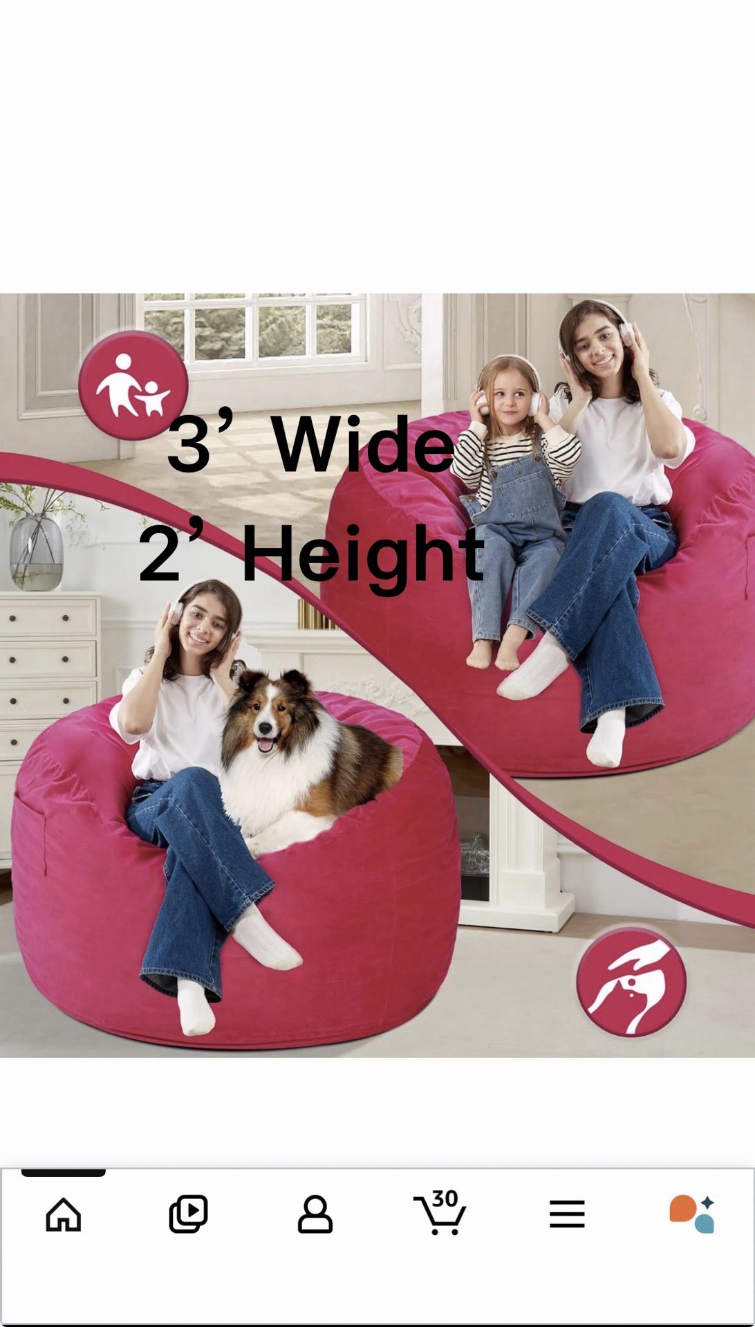 3FT Bean Bag Chair: 3' Bean Bags with Memory Foam Filled, Large Beanbag Chairs Soft Sofa with Dutch Velvet Cover-Pink