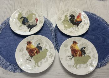 Set Of 4 Vintage POULET Noble Excellence IRONSTONE 8.5” SaladPlates-2 Roosters & 2 Chicken Hens