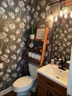 5.5 Foot Tall Rustic Burnt Solid Wood Over The Toilet Decorative Ladder Standing Shelf, 3 Tier Bathroom Organizer Leaning Storage