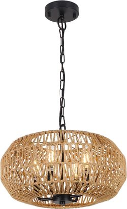 Farmhouse Rattan Pendant Lights, 15.7 4-Light Boho Chandelier Light Fixture, Wicker Hand Woven Basket Pendant Hanging for Dining Room Living Room Kitc