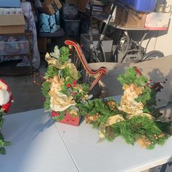 Porcelain Angels With Wooden Harp And Cute Santa