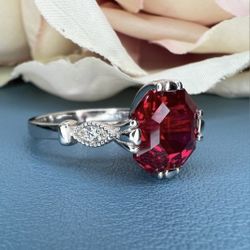 New Never Worn, Lab Created Asscher Cut Ruby 14K White Gold Size 5.5