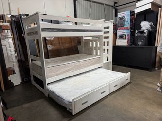 White Wood Bunk Bed with Trundle and Drawers