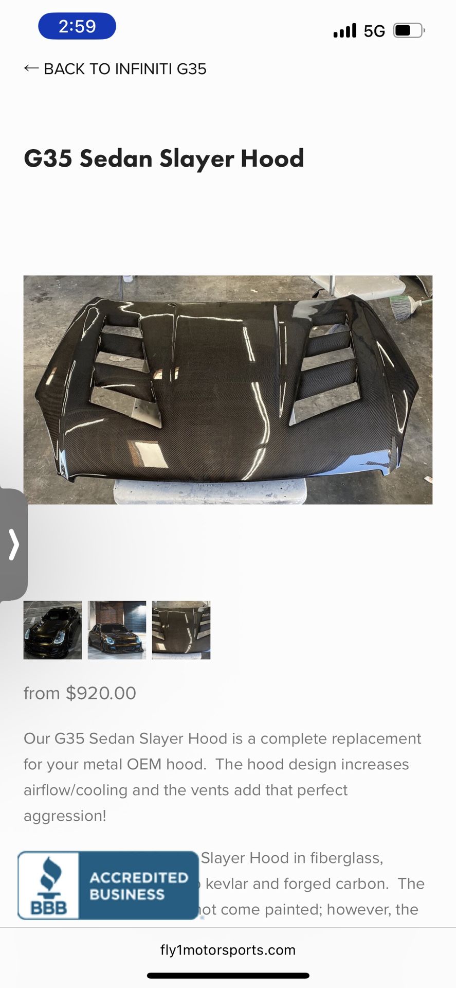 G35 Sedan Carbon Fiber Hood