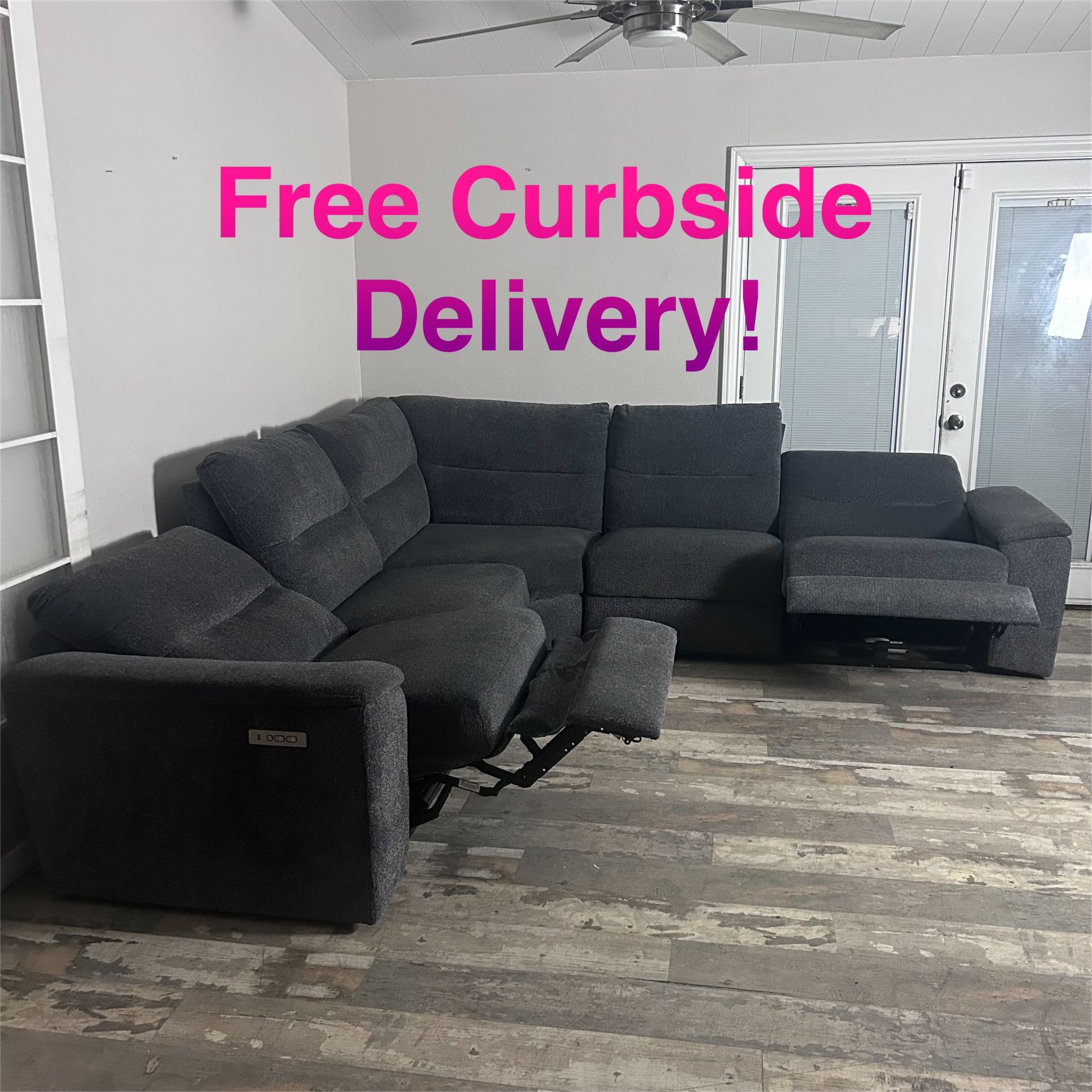 Free Curbside Delivery! Grey Sectional Couch With Electric Recliners, Headrest Controls, And USB Ports