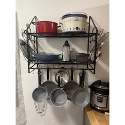 New 35-Inch Wall Mounted Pot Rack, 2-Tier with 20 Hooks & 6 Lid Holders, Steel