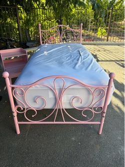 Twin Metal pink bed, mattress and nightstand