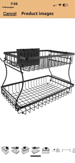 Jiawu 2 Tier Fruit Basket, Double Tier Grid Structure Fruit Storage Basket, Countertop Organizer with Detachable Baskets and Removable Hooks for Kitch