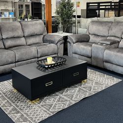 Grey Sofa And Love Seat Manual Recliner Set