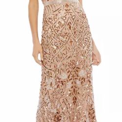 Copper/ Tan Embellished Fringed Sleeve Beaded Gown 