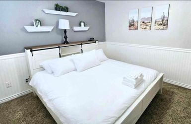 Farmhouse King Size Bed Frame and matress w/Bookcase Headboard, Sliding Barn Door, Charging Station