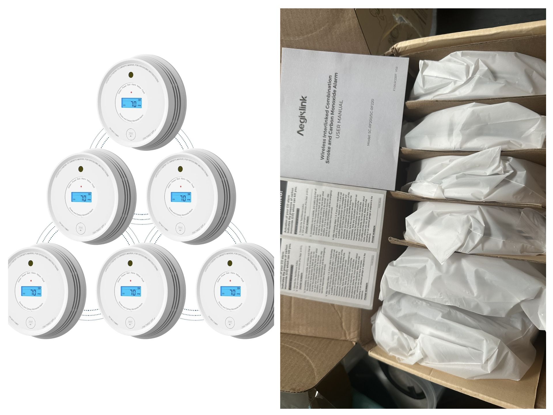 AEGISLINK Smoke Carbon Monoxide Detector, Interlinked Combination Smoke CO Alarm, Battery Powered, Wireless Interconnected, Digital Display, SC-RF220,