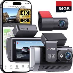 Brand New Unopened   4K+2K Dash Cam Front and Rear, Dash Camera for Cars 2 Channel, 64GB Card Included, 5.8G/2.4G Dual WiFi, Built-in GPS, Night Visio
