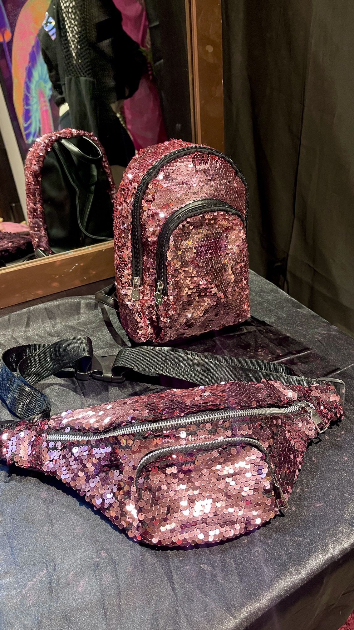Sparkly Pink Sequin Mini Justice Backpack + MATCHING Sequin Fanny Pack Bum Bag Crossbody ONE OF A KIND SET