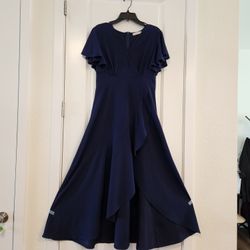 Women's Formal V Neck Ruffle Split Evening Party Long Dress (Navy, L), like new 