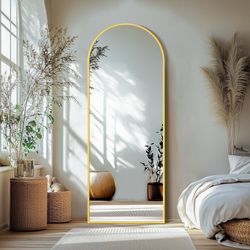 Delma Wall Mirror Full Length, Standing Floor Mirror For Bedroom Bathroom Living Room With Aluminium Frame (With Stand, Arch 69x24-Gold)