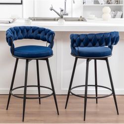 NEW Set of 2 Blue Velvet Swivel Bar Stools – Fully Assembled