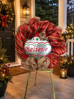 Large "Believe" Christmas Deco Mesh Wreath